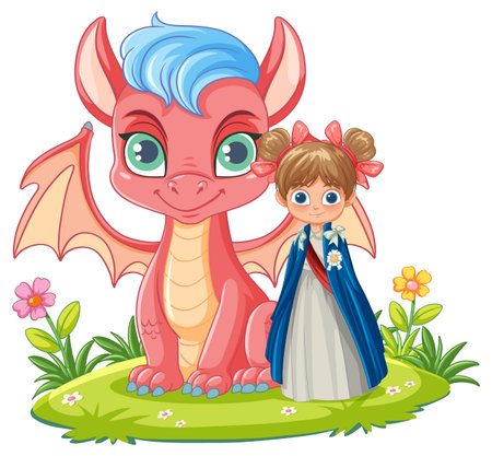 Cartoon-style vector illustration of a smiling pink dragon with blue hair and a young girl in a blue dress standing on grassのイラスト素材