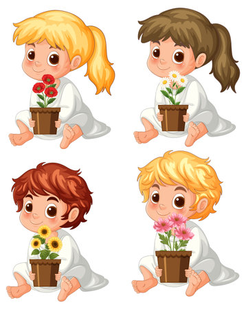 Four cartoon children with different hair colors sit cross-legged, each holding a potted flower. Bright, cheerful colors and clean vector styleのイラスト素材