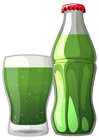 Vector illustration of a green carbonated beverage in a glass and matching bottle, with bold outlines, vibrant colors, and clean digital shadingのイラスト素材