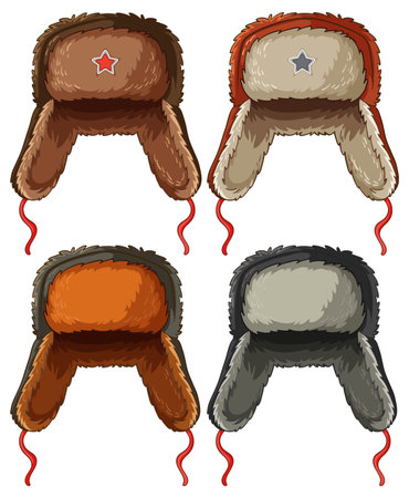 Vector illustration of four ushanka hats in different colors, detailed fur texture, front view, isolated on white, with red chin ties and star emblemsのイラスト素材