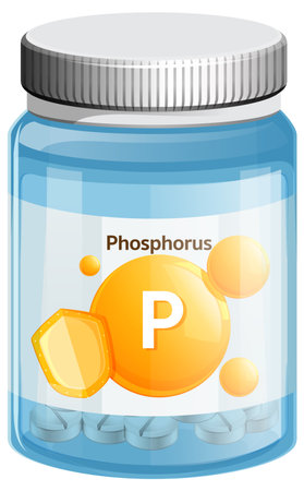 Vector illustration of a clear plastic bottle containing phosphorus vitamin tablets, labeled with chemical symbol, flat design, bright colors, isolated on whiteのイラスト素材