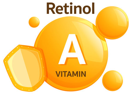 Bright vector illustration of vitamin A retinol symbol, featuring glossy orange bubbles, shield motif, and bold typography in a flat modern styleのイラスト素材