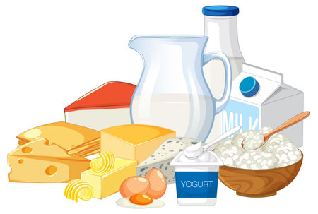 Vector illustration of various dairy products and eggs arranged together, using bright colors, clean lines, and subtle shading for a fresh appearanceのイラスト素材