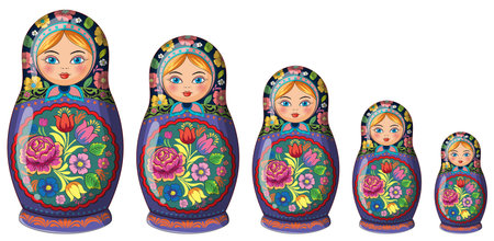 Vector illustration of five colorful Russian matryoshka dolls arranged in a row, detailed floral patterns, bright colors, flat style, white backgroundのイラスト素材