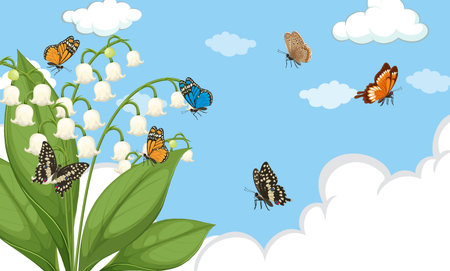 Colorful butterflies flutter around blooming lily of the valley under a bright blue sky.のイラスト素材