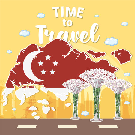 Vector illustration of Singapore map and landmarks. Vibrant colors and playful composition evoke travel excitementのイラスト素材