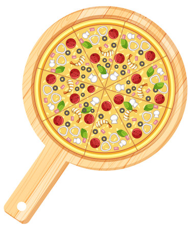 Top-down vector illustration of sliced pizza with vegetables, cheese, and pepperoni on wooden board.のイラスト素材