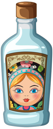Vector illustration of a glass vodka bottle with matryoshka doll label and decorative floral design.のイラスト素材