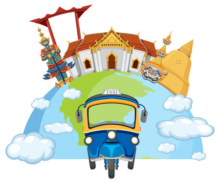 Vibrant vector illustration of Thai landmarks with a tuk-tuk, featuring bright colors and playful compositionのイラスト素材