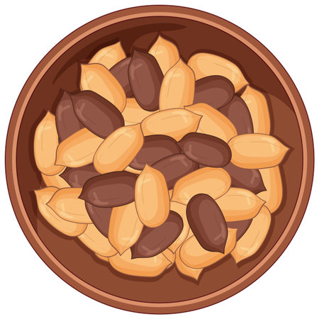 Top-down vector of brown bowl with roasted and raw pumpkin seeds in earthy flat design.のイラスト素材