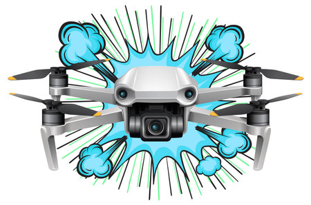 Comic-style vector illustration of a drone flying with bold colors and dynamic burst background.のイラスト素材