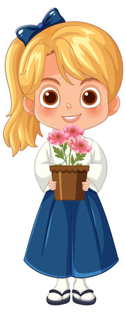 Cheerful blonde girl with blue bow holding potted pink flower in bright cartoon vector style.のイラスト素材