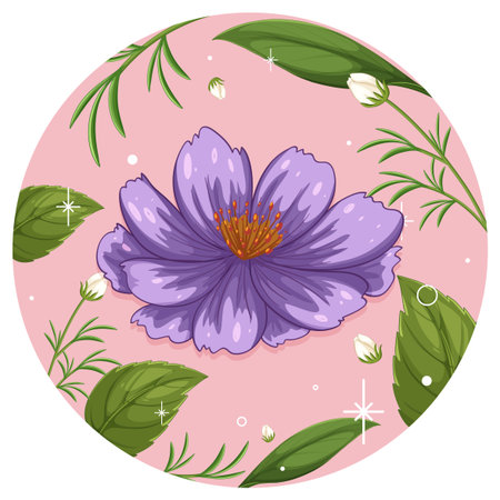Whimsical circular vector of a purple flower with green leaves on a vibrant pink background.のイラスト素材