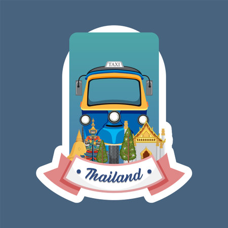Colorful vector tuk-tuk illustration with iconic Thai temples, bold colors, and clean lines.のイラスト素材