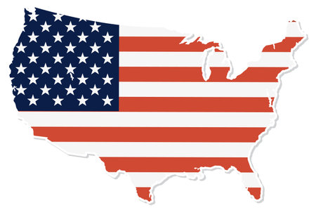 Vector illustration of USA map with American flag, bold colors, clean lines, patriotic theme.のイラスト素材