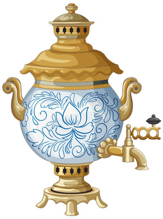Gold and blue Russian samovar with ornate floral patterns and decorative handles, isolated on white.のイラスト素材
