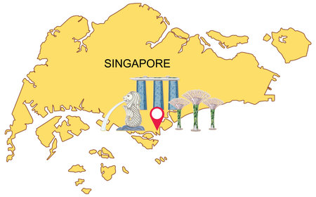 Vector illustration of Singapore map highlighting iconic landmarks with vibrant colors and clean linesのイラスト素材