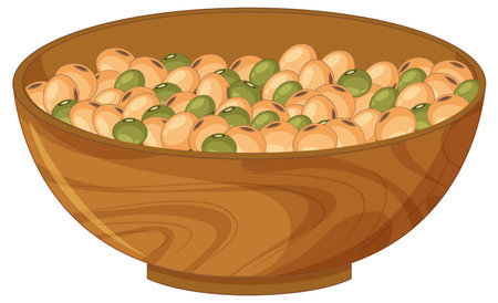 Flat vector illustration of a wooden bowl with yellow soybeans and green peas, clean style.のイラスト素材