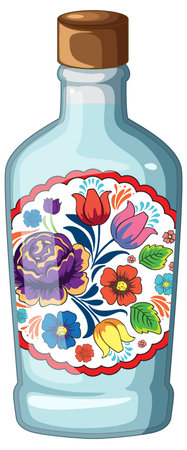 Symmetrical vector of clear glass bottle with wooden cap, adorned with vibrant folk art flowers.のイラスト素材