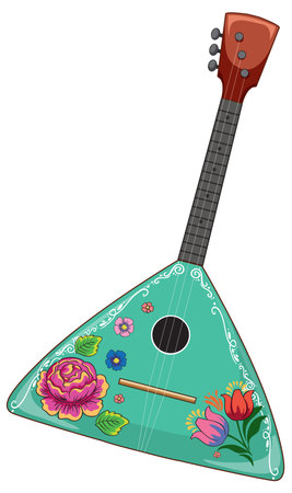 Turquoise Russian balalaika with floral patterns, wooden neck, flat vector illustration on white background.のイラスト素材