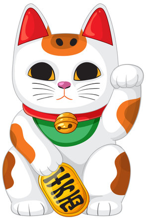 Japanese lucky cat with raised paw, gold coin, and bell collar, flat vector styleのイラスト素材