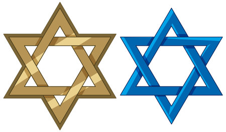 Two interlocking Star of David symbols in gold and blue, clean vector style, white backgroundのイラスト素材