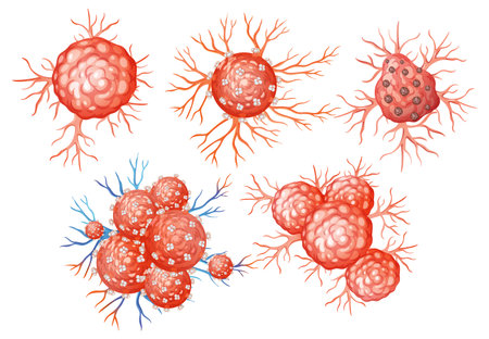 Vector illustration of malignant cancer cells with branching extensions in red, scientific medical style.のイラスト素材