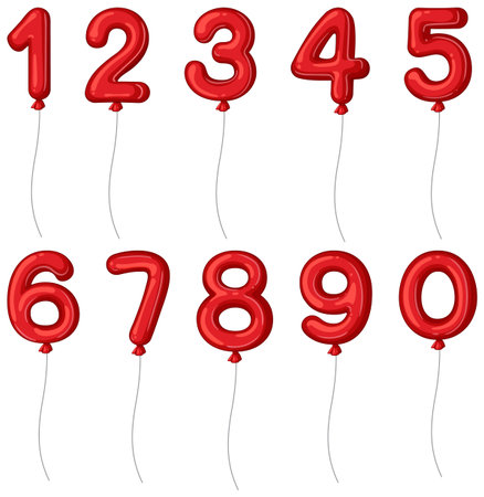 Bright red balloon numbers 0-9 with strings, playful vector for celebrations and educational use.のイラスト素材