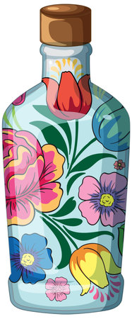 Vector of glass bottle with vibrant Russian folk floral motifs in bold, flat graphic style.のイラスト素材