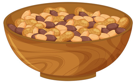 Flat vector illustration of shelled and unshelled peanuts in a wooden bowl, earthy cartoon style.のイラスト素材