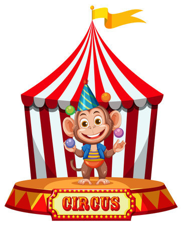 Cartoon monkey in party hat juggling colorful balls on circus stage with striped tent backdrop.のイラスト素材