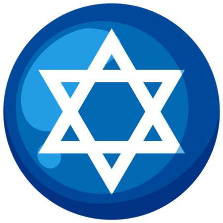 Vector illustration of Star of David in white on glossy blue circular background, flat styleのイラスト素材