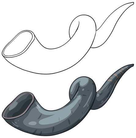 Curved ramÃ¢'s horn shofar, color and outline, clean vector style, isolated on white.のイラスト素材