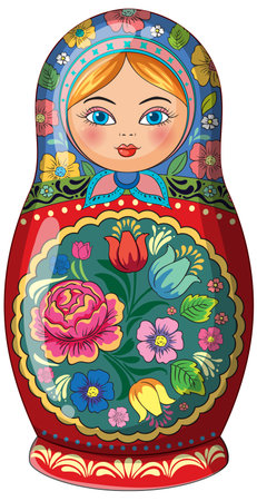 Colorful vector of classic Russian matryoshka doll with floral folk art motifs and symmetrical design.のイラスト素材
