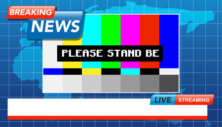 Vibrant vector illustration of breaking news screen with global map, ideal for media presentations.のイラスト素材