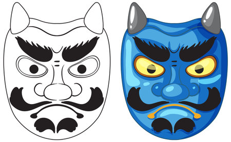 Bold blue oni mask with exaggerated features, cartoon vector style, side-by-side color and outlineのイラスト素材