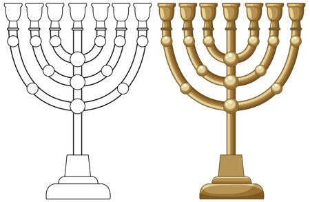 Seven-branched menorah vector, gold color and outline, clean lines, flat style, symmetryのイラスト素材