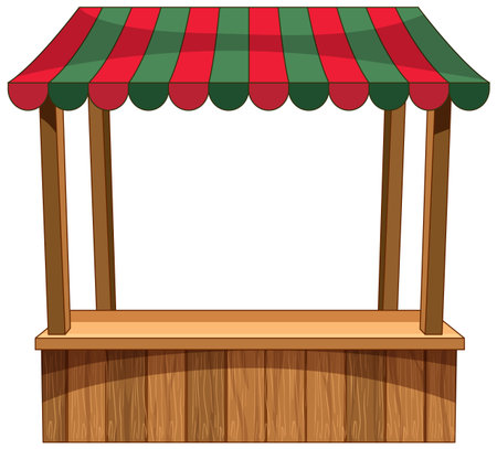 Vector illustration of empty wooden market stall, striped canopy, flat style, isolated on whiteのイラスト素材