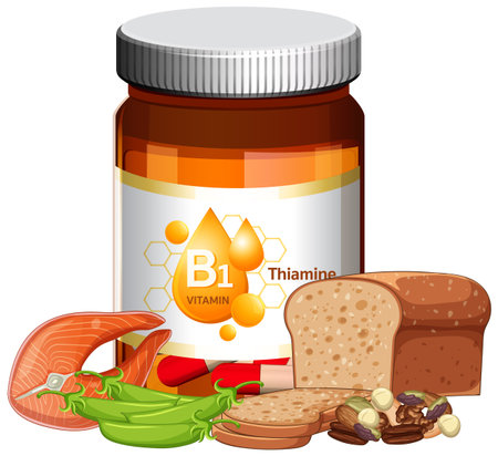 Vector illustration of vitamin B1 bottle surrounded by salmon, bread, nuts, and green peasのイラスト素材