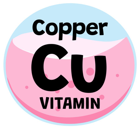 Bold copper vitamin symbol with playful colors, flat vector style, circular composition, clear typographyのイラスト素材