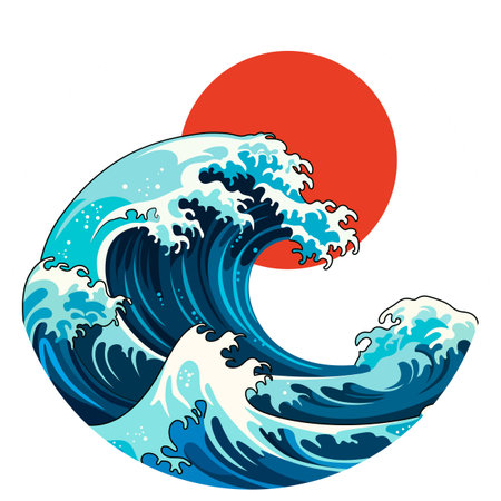 Bold stylized ocean wave in blue tones with red sun, clean vector art styleのイラスト素材