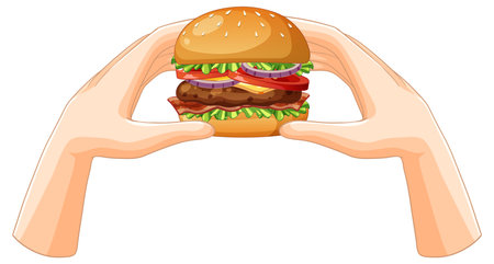Flat vector of two hands holding a cheeseburger with lettuce, tomato, onion, and bacon.のイラスト素材