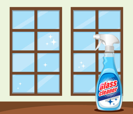 Vector illustration of glass cleaner spray bottle with sparkling clean windows, flat style, bright colorsのイラスト素材