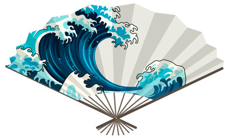 Vector illustration of a traditional folding fan with bold blue ocean wave, flat graphic styleのイラスト素材