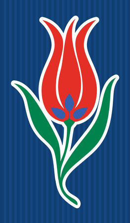 Stylized red tulip with green leaves, bold outlines, vertical stripes, flat vector styleのイラスト素材