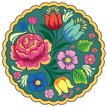 Bold vector flowers and leaves in a scalloped circular frame, inspired by Russian folk art.のイラスト素材
