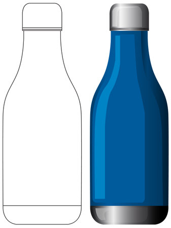 Modern blue water bottle with metallic cap, clean vector style, side-by-side outline comparisonのイラスト素材