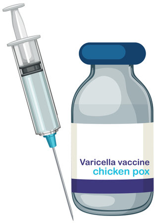 Vector illustration of syringe and varicella vaccine vial for chickenpox, clean clinical flat design.のイラスト素材