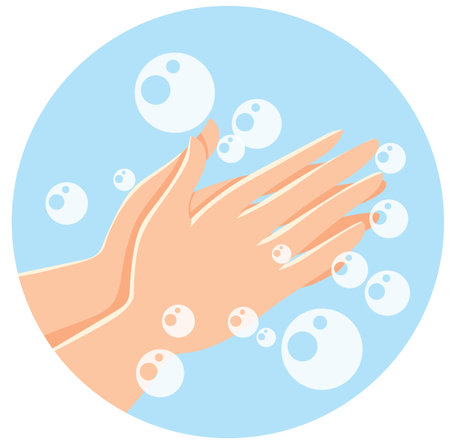 Two hands washing with soap, bubbles, flat vector style, blue background, hygiene conceptのイラスト素材