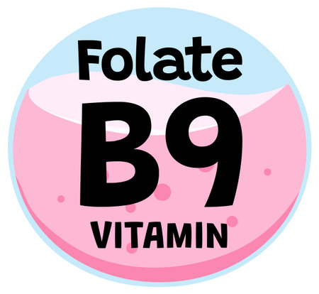 Bold folate B9 vitamin label with playful colors, flat vector style, circular compositionのイラスト素材